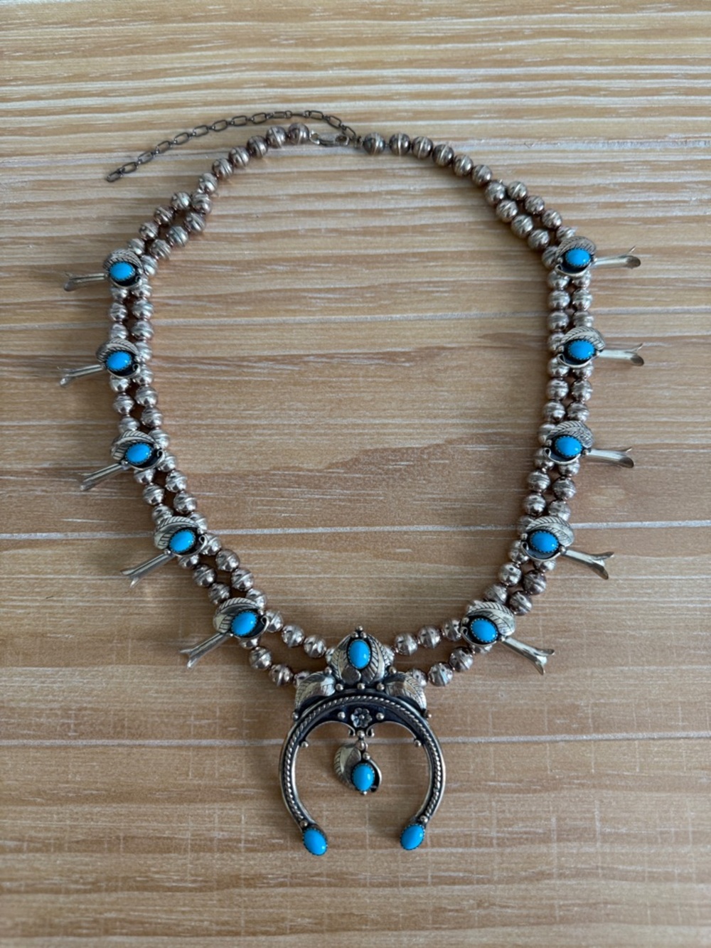 Sterling Silver and Turquoise Squash Blossom Necklace Blue